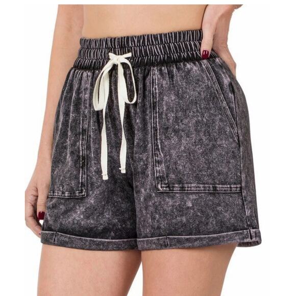Zenana Mineral Wash Elastic Waste Shorts - Picture 1 of 10